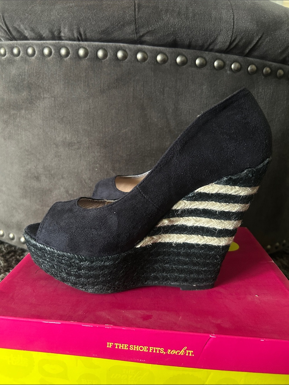 Charlotte Russe Black Suede Peep-Toe Striped Espadrille Wedges